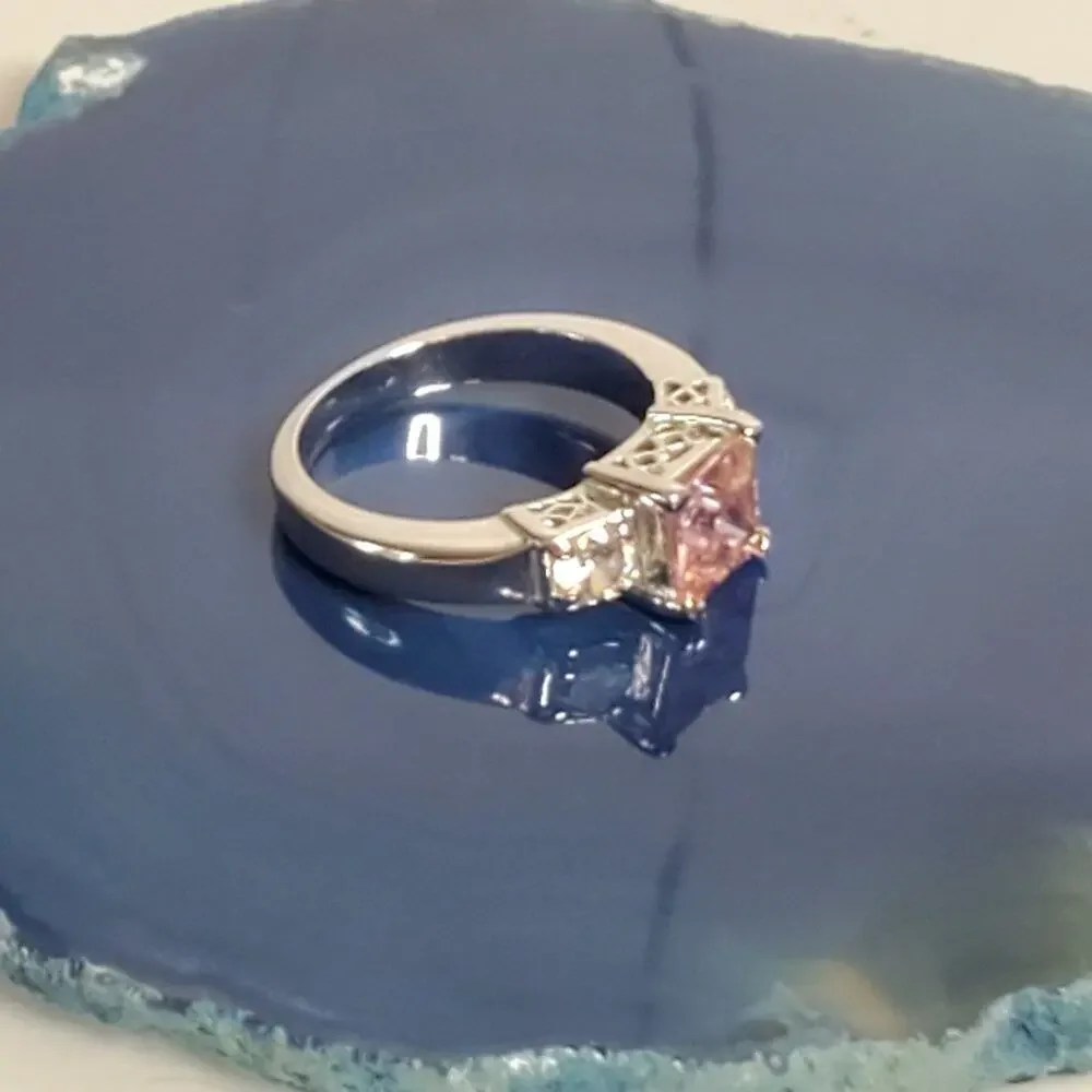 Faux White Gold Pink Crystal Princess Cut Cocktail Ring 6.5